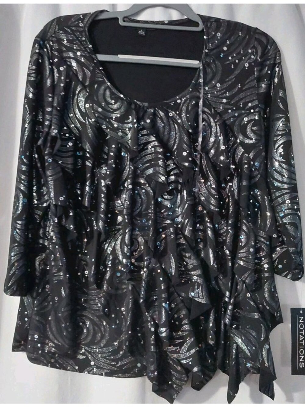 Notations Shirt Blouse Size Large Black Silver Stretch 3/4 Sleeve Ruffle